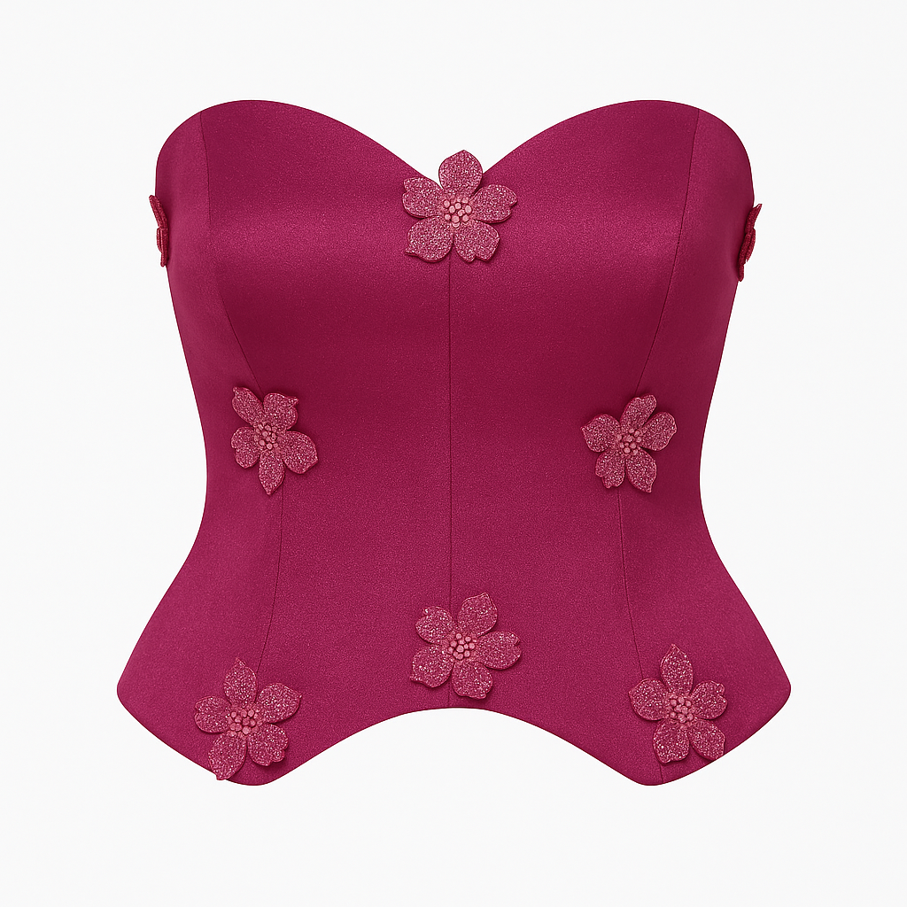 Pink strapless top with floral embellishments on a white background