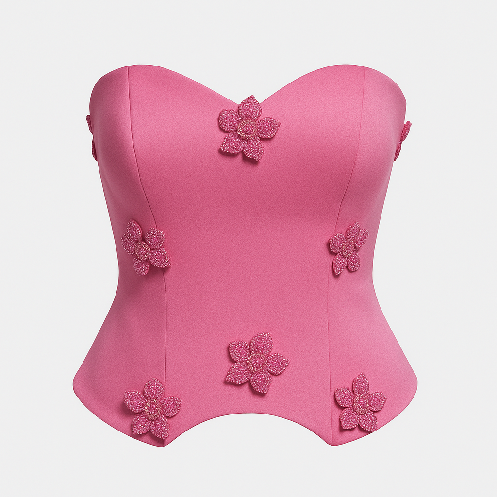 Pink strapless top with floral embellishments on a light gray background